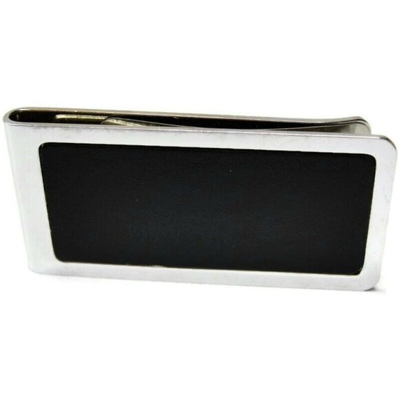Money Clip Stainless Steel Black Leather Insert Credit Card Cash ID Holder - Picture 8 of 9